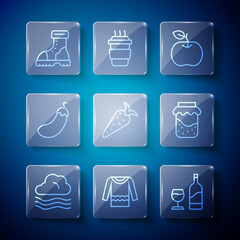 Poster - Set line Windy weather, Sweater, Wine bottle with glass, Apple, Carrot, Eggplant, Waterproof rubber boot and Jam jar icon. Vector