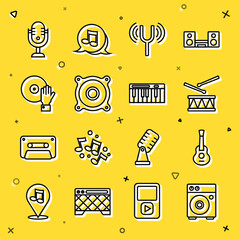 Sticker - Set line Guitar amplifier, Drum with drum sticks, Musical tuning fork, Stereo speaker, DJ playing music, Microphone and synthesizer icon. Vector