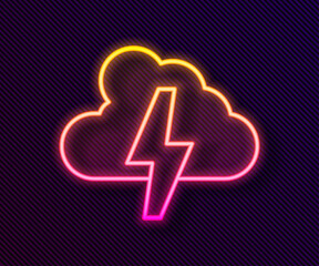 Poster - Glowing neon line Storm icon isolated on black background. Cloud and lightning sign. Weather icon of storm. Vector