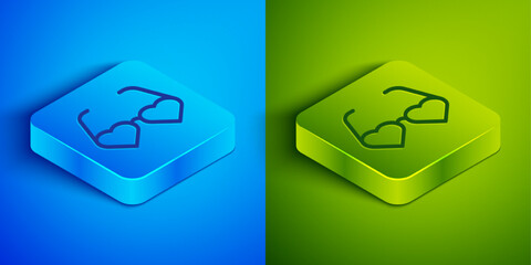 Sticker - Isometric line Heart shaped love glasses icon isolated on blue and green background. Suitable for Valentine day card design. Square button. Vector