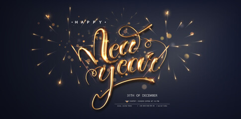 Wall Mural - happy new year banner template on dark background. gold calligraphy lettering greeting card concept