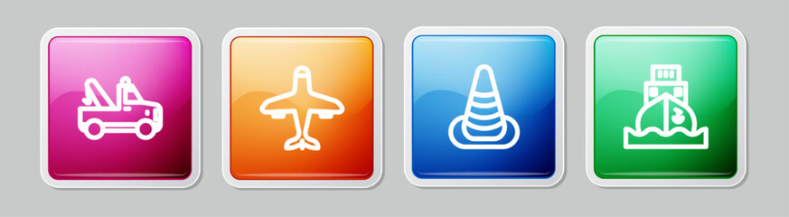 Sticker - Set line Tow truck, Plane, Traffic cone and Cargo ship. Colorful square button. Vector