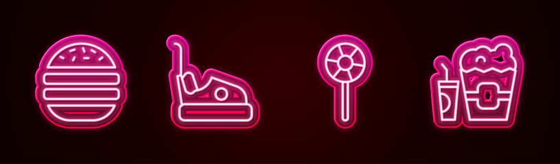 Sticker - Set line Burger, Bumper car, Lollipop and Popcorn in box and glass. Glowing neon icon. Vector