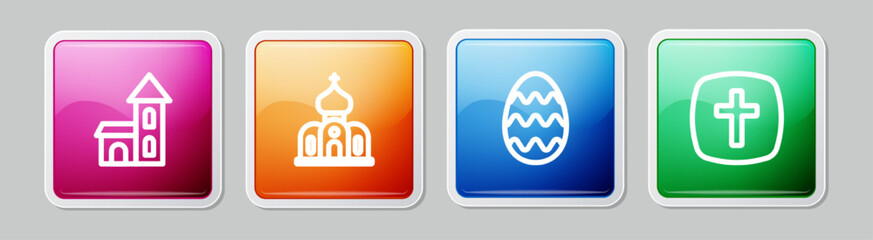 Canvas Print - Set line Church building, Easter egg and Christian cross. Colorful square button. Vector