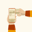 © FAHMI  - Online payments. Close-up of a human hand holding a payment or debit card and the other hand holding an NFC-enabled mobile phone to check the balance. Transactions with NFC technology.