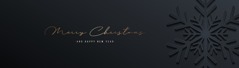 Wall Mural - Elegant Merry Christmas and Happy New Year banner. Dark christmas paper cut snowflake with shadow on black background. Horizontal christmas template. Suit for poster, header, website, greeting card