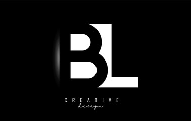 Letters BL Logo with negative space design on a black background. Letters B and L with geometric typography.