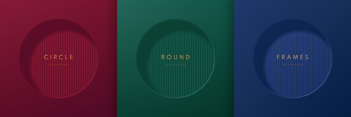Set of vertical pattern texture in round 3D frame on dark blue, red, green luxury background. Abstract circle wall scene for mockup product display or copy space. Geometric background. Vector EPS10.