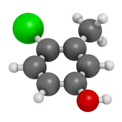 Poster - Chlorocresol (p-chlorocresol) antiseptic and preservative molecule, 3D rendering.