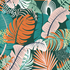  vector seamless beautiful artistic colorful silhouette tropical pattern with exotic forest. Multicolor leaves original stylish floral background print, bright flower Colors