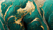 Leinwandbild Motiv Spectacular realistic abstract backdrop of a whirlpool of teal and gold. Digital art 3D illustration. Mable with liquid texture like turbulent waves background.