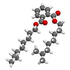 Sticker - Diisononyl phthalate (DINP) plasticizer molecule, 3D rendering.