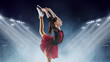 Little girl, figure skater wearing beautiful dress performing short program over ice arena background. Dance, winter sports, achievements, champion concept