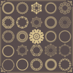 Vintage set of vector round elements. Different elements for design frames, cards, menus, backgrounds and monograms. Classic golden patterns. Set of vintage patterns