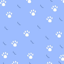 Cute Cat's Paw Seamless Pattern In Blue And White Combination For Wrapping Paper, Textile, Cat Food Packaging