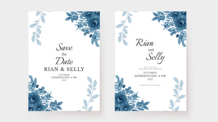 Wall Mural - Romantic wedding invitation template with watercolor daffodil blue flower