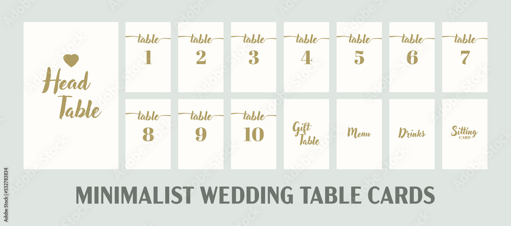 Festive Wedding Seating Cards Set, Vector Template with Numbers and Table Names. Elegant Minimalist Table Cards of White Color and Gold Calligraphy Print Collection. Stock Vector | Adobe Stock festive-wedding-seating-cards-set-vector-template-with-numbers-and-table-names-elegant-minimalist-table-cards-of-white-color-and-gold-calligraphy-print-collection-stock-vector-adobe-stock