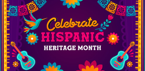Hispanic heritage month, Vector web banner, poster, card for social media, networks. Greeting Hispanic heritage month editable text, Huichol traditional background, ornament perforated paper