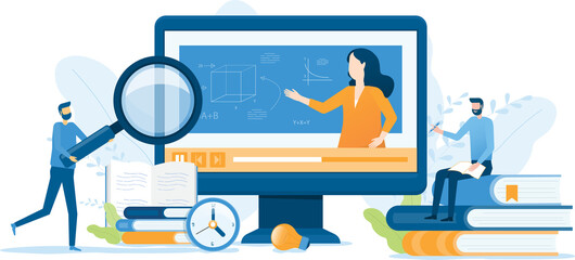 Leinwandbilder - vector illustration design business research and online education and E-learning at home by webinar training concept	
