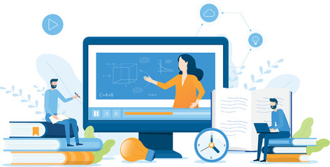 Wall Mural -  business online education and E-learning at home by webinar training and design for Webinar, online video training, tutorial podcast and business coaching concept.