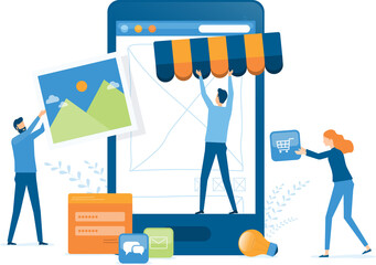 Wall Mural - illustration design developer and designer team create online shop on mobile phone concept