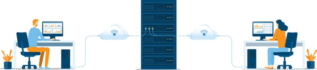 business technology cloud computing service concept and datacenter storage server connect on cloud with administrator and developer team working