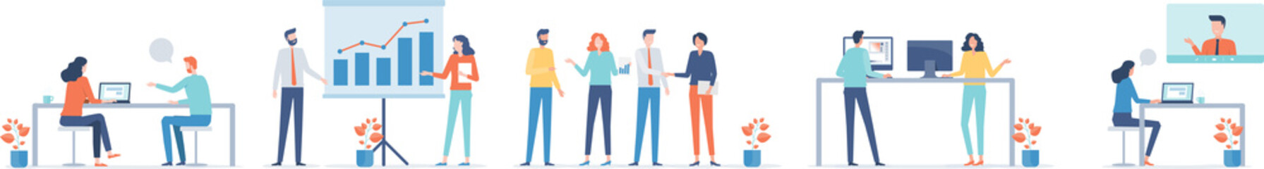 Poster - flat vector business people team working and set cartoon character design concept	
