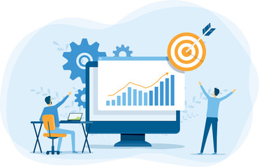 Fototapete - business people analytics and monitoring on financial investment report dashboard monitor concept and vector illustration design