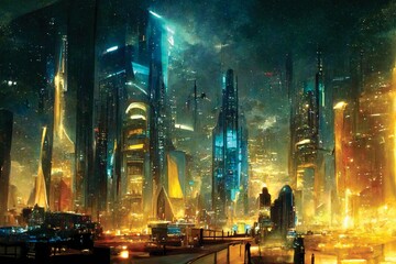 Canvas Print - Futuristic city, fantasy landscape, sci-fi illustration, town of the future. Digital art, ai artwork, wallpaper or background