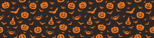 Banner With Creepy Pumpkins, Bats And Spiders. Halloween Texture. Vector