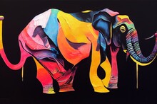 Oil Elephant Portrait Painting In Multicolored Tones. Conceptual Abstract