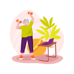 Sticker - Online workout for seniors isolated cartoon vector illustration.