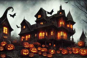 Wall Mural - A dramatic, mystical Halloween backdrop. A full moon shines in the sky, a flock of bats flies in the dark sky. Near the castle lie pumpkins with candles. 3D render