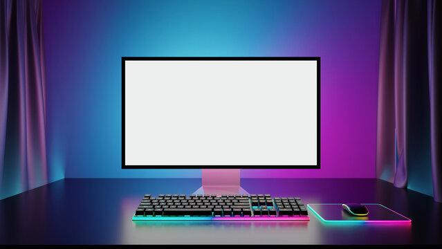 Game room computer desktop with blue purple lights on the background and curtain, Modern PC computer white screen mockup, gaming keyboard. 3d rendering illustration