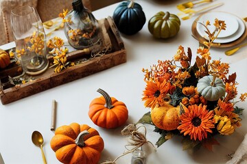 Sticker - Diy rustic autumn table decoration Floral interior decor for fall holidays with handmade pumpkins Flatlay, top view , anime style