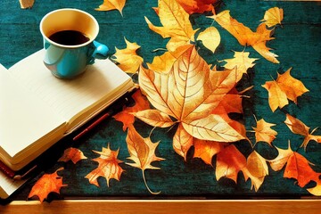 Wall Mural - Composition with autumn leaves, blank notebooks, a cup of coffee on a blue wooden table , anime style