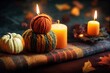 Autumn composition with candles, mini munchkin pumpkins, warm wool knitted plaid on the wooden wind sill Dark colors, low key Cozy home atmosphere, fall colors Close up Banner , anime style