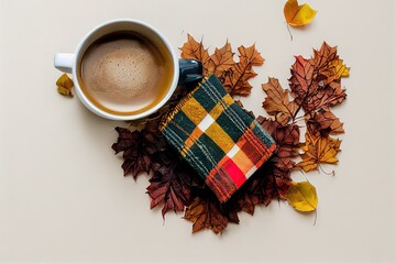 Autumn composition Cup of coffee, plaid, dried leaves on white background Autumn, fall concept Flat lay, top view, copy space , anime style