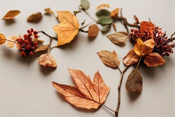 Canvas Print - Autumn composition Dried leaves, flowers, rowan berries on white background Autumn, fall, thanksgiving day concept Flat lay, top view, copy space , anime style