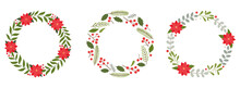 Set Of Christmas Wreaths With Poinsettia Flowers, Twigs, Berries And Leaves.