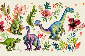 Watercolor dinosaur hand painted set for fabric design. Floral decoration element. Baby background. Nature backdrop. Watercolor spills of animals. , anime style