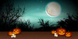 © Manuela - Halloween Theme Background in Green with Full Moon and Trees Silhouettes, Pumpkins and Candles. Vector Illustration