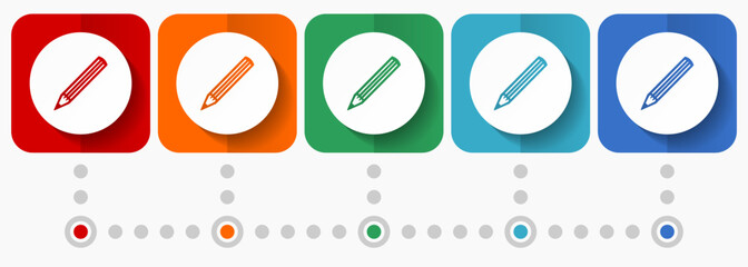 Leinwandbilder - Pencil vector icons, infographic template, set of flat design pen symbols in 5 color options