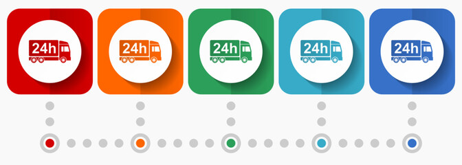 Fototapete - Delivery vector icons, infographic template, set of flat design truck symbols in 5 color options