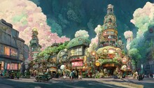 Street View Of A Wondrous Amazing Fantasy City Town Square.