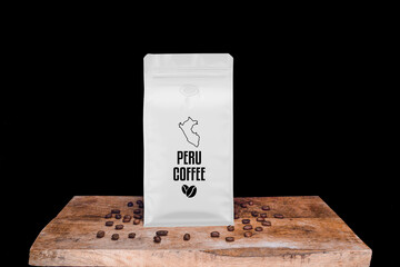 Wall Mural - Peru coffee beans and white package on wooden board with black isolated background