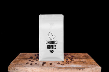 Wall Mural - Arabica coffee beans and white package on wooden board with black isolated background