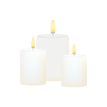 Burning Candles Set. Aromatic Decorative Round Cylindrical Candle Sticks.  Stock Illustrtaion.