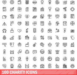 Canvas Print - 100 charity icons set. Outline illustration of 100 charity icons vector set isolated on white background