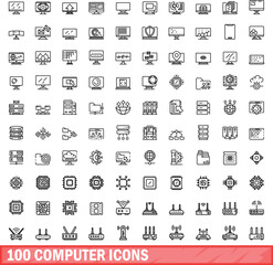 Canvas Print - 100 computer icons set. Outline illustration of 100 computer icons vector set isolated on white background